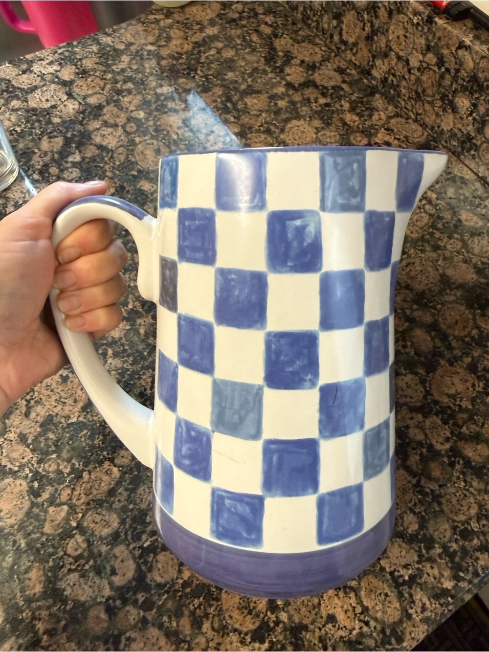 MacKenzie-Childs Blue and White Check Ceramic Pitcher Indigo Print